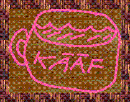 in kääf.png In rosa fluorescent kaffikopp me textin “KÄÄF” syns i förgrundin. E måst nou va en sanslöst stour kopp tå man tänker på e, eftersom e syns våågona i kaffi. Å han e ju på he vise int heilt rosa å fluorescerand (he finns bara konturan ååv an). Heje berour på att vi jyst nöög ligger ganska laangt yvi årsbudjeetin å måst draa in na lite på divärse kostnader, ein ååv dom jir rosa färgo. Bakom koppin (iofs också gynom koppin) så kan man sii en fanérstjivo laga ååv na billiheitsvirke (måsta sparas täär å). Bakom stjivon så skymtar e na sorts groteskt golvlaminat från nittitale (he behöva int vi köp, för he fandist tär fråån förr).